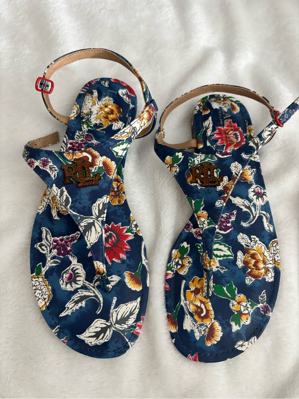 Ralph Lauren Navy Floral Ankle-Strap Thong Sandals with Gold RL Logo